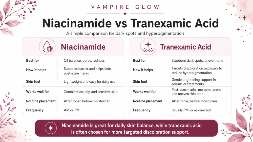 Niacinamide vs tranexamic acid comparison for dark spots and hyperpigmentation