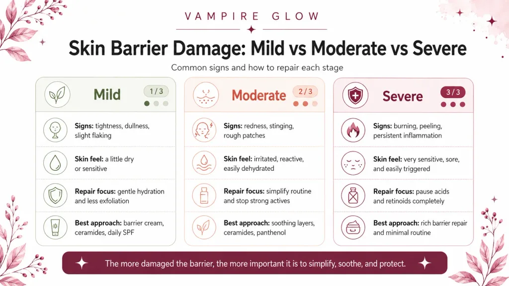 Mild moderate and severe skin barrier damage signs and repair approach