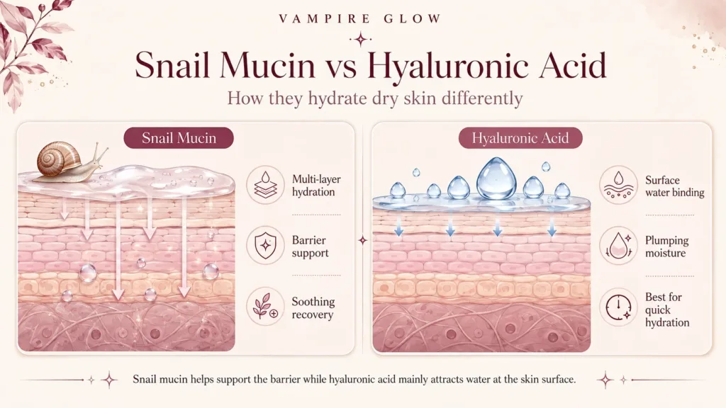 Two-column illustrated diagram showing snail mucin's multi-layer barrier action on the left versus hyaluronic acid's surface water binding on the right, simplified skin cross-section, soft berry and cream palette. Alt text: "How snail mucin and hyaluronic acid work differently for dry skin hydration