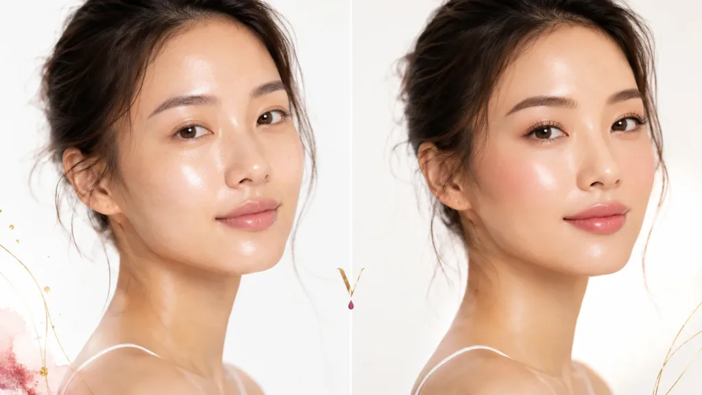 Glass skin from skincare versus dewy finish from makeup comparison