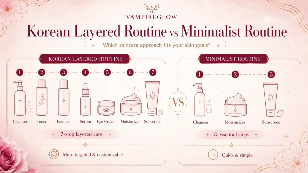 Korean layered skincare routine versus minimalist routine comparison