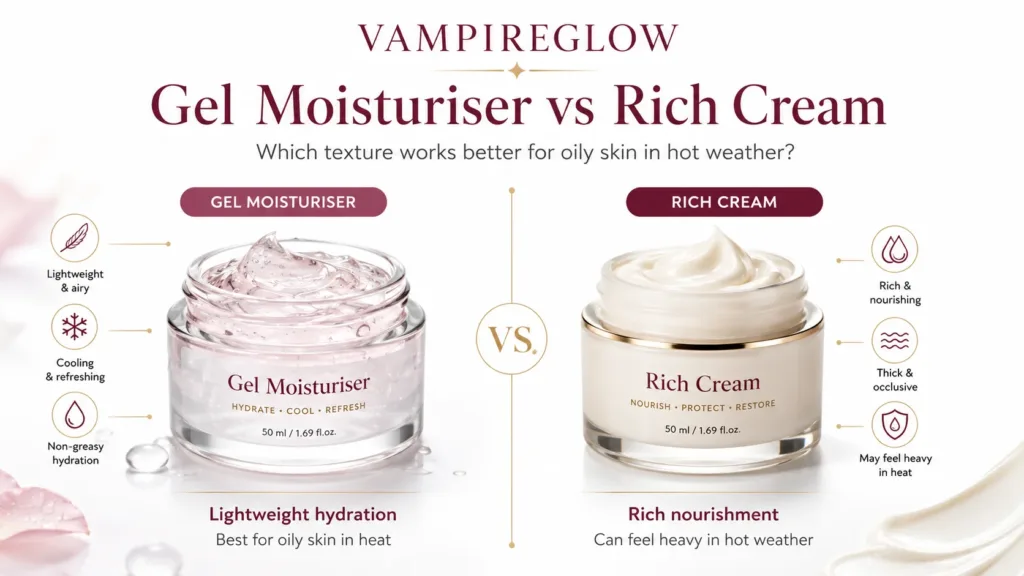 Korean gel moisturiser versus traditional rich cream for oily skin in heat