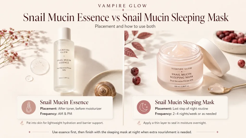 Snail mucin essence versus snail mucin sleeping mask placement and how to use both