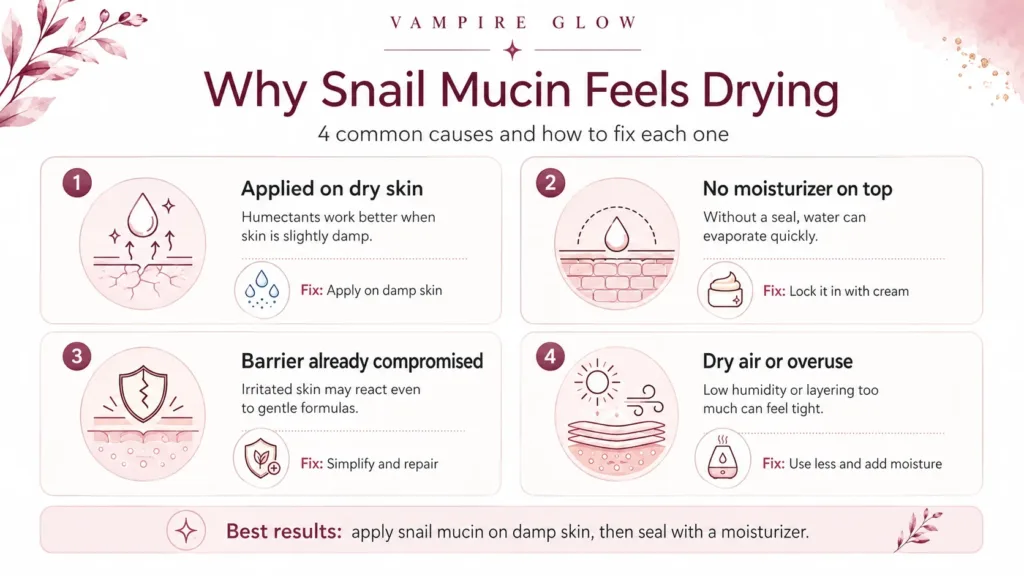  Four-panel graphic showing the four causes of snail mucin drying skin with a fix icon under each, simple icons, white background, clear sans-serif labels. Alt text: "Why snail mucin is drying your skin and how to fix it
