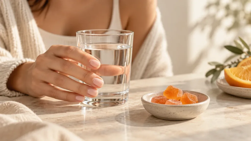 Taking vitamin C gummies with food to reduce digestive discomfort