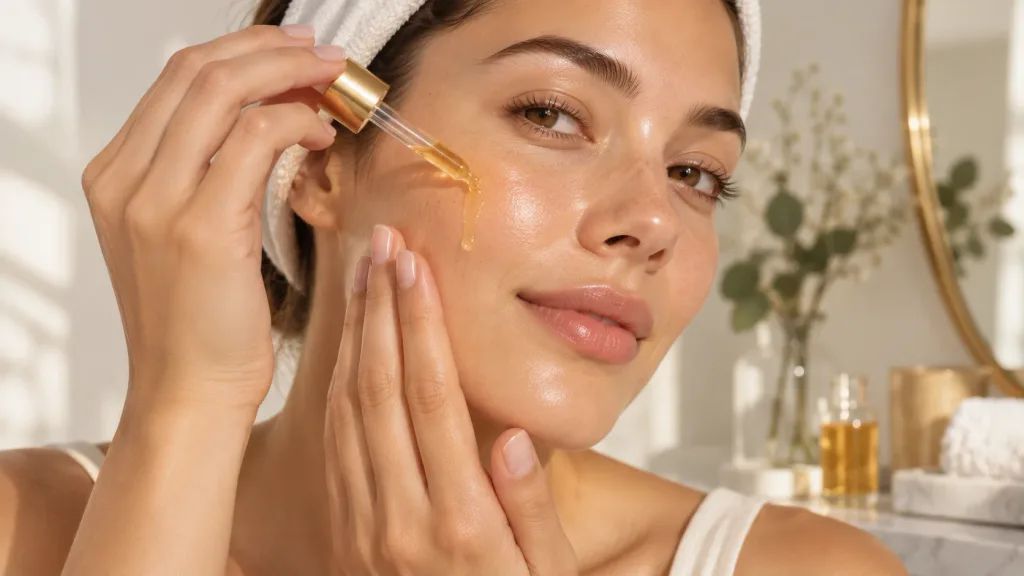 Applying vitamin C serum as part of a morning skincare routine