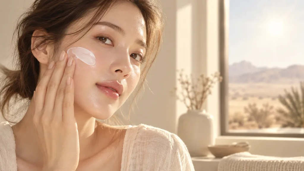 Applying sunscreen as part of a Korean skincare routine in hot climates