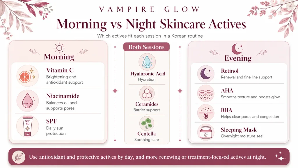 Which skincare actives to use morning versus night Korean routine guide