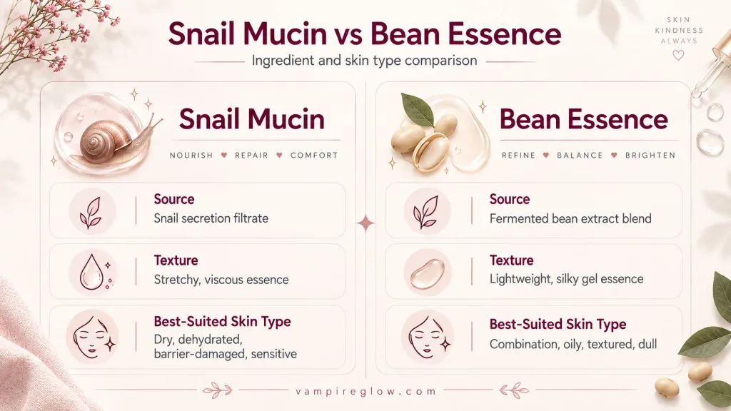 Snail mucin vs bean essence ingredient and skin type comparison