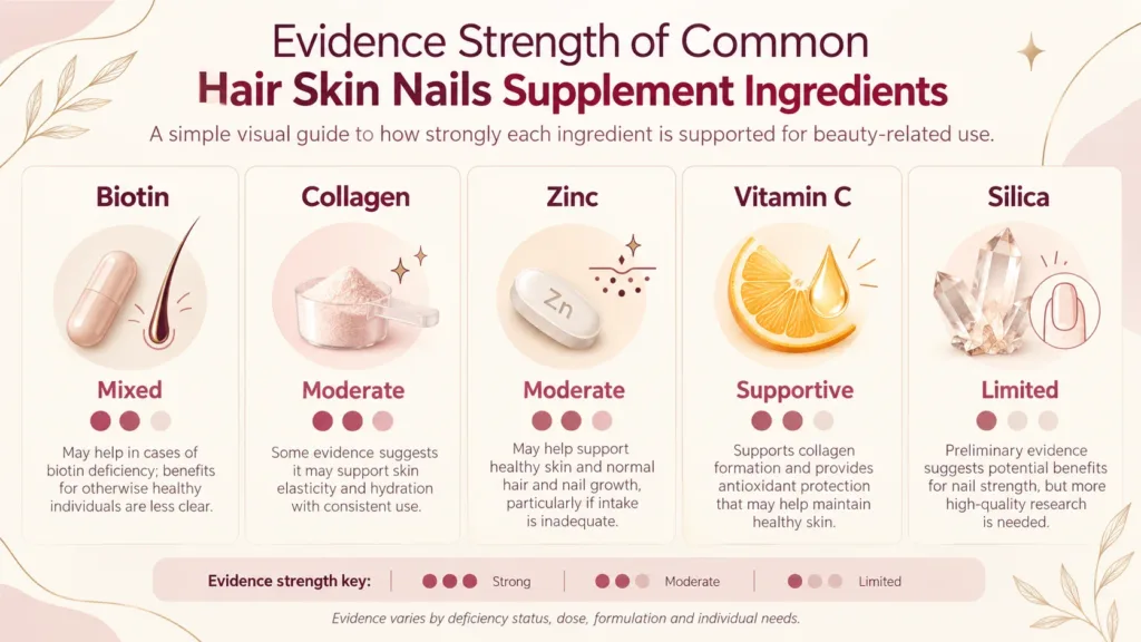 Evidence strength of common hair skin nails supplement ingredients
