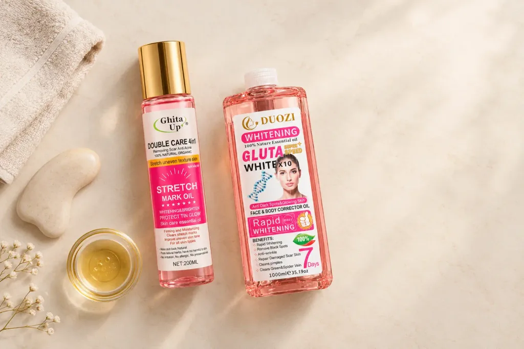 Body oils for stretch marks: Gluta Up Stretch Mark Oil and 1L Gluta Whitening Oil
