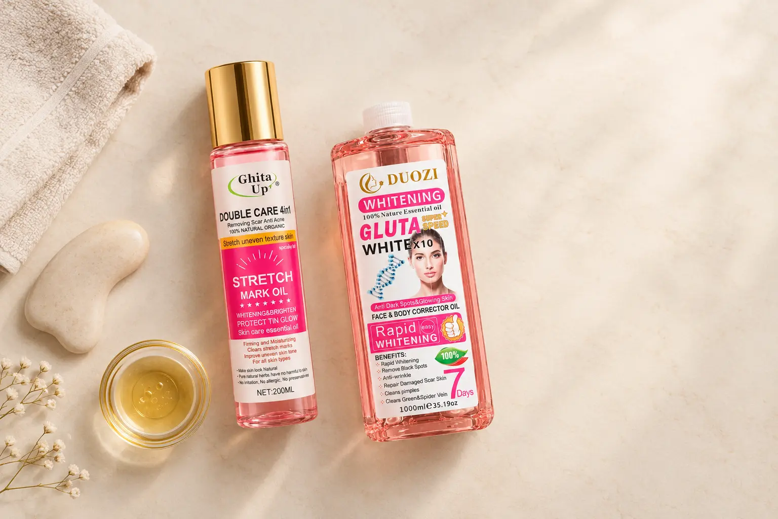 Body oils for stretch marks: Gluta Up Stretch Mark Oil and 1L Gluta Whitening Oil