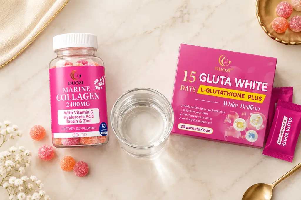Collagen with glutathione supplement laid out for a morning routine