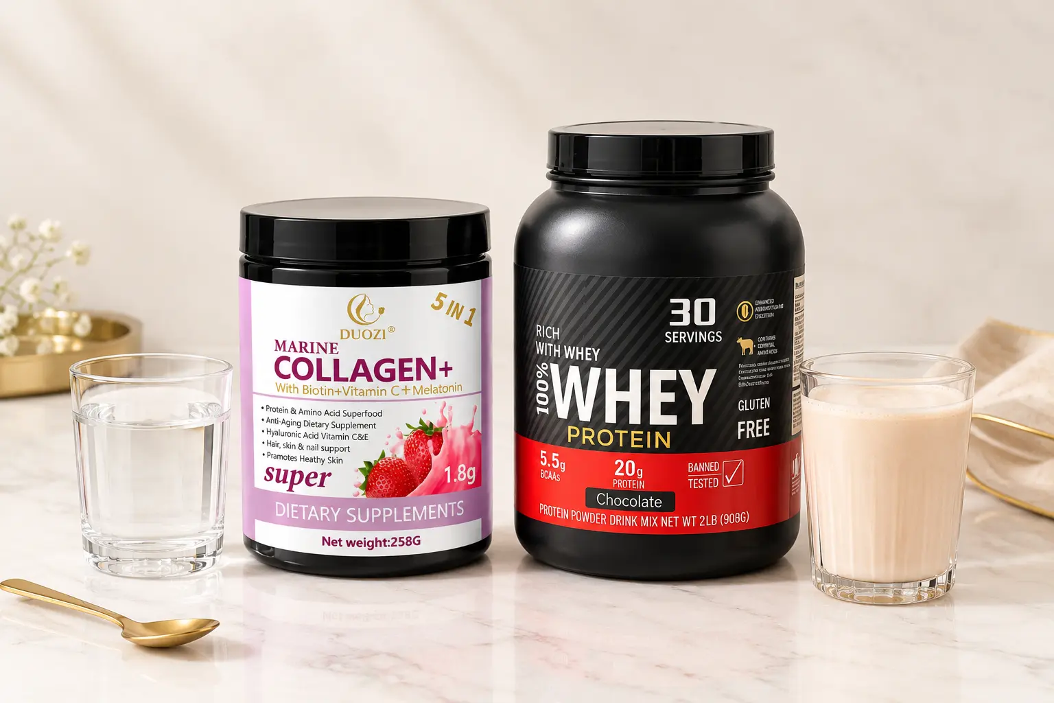 Collagen vs whey protein powders compared for skin and hair